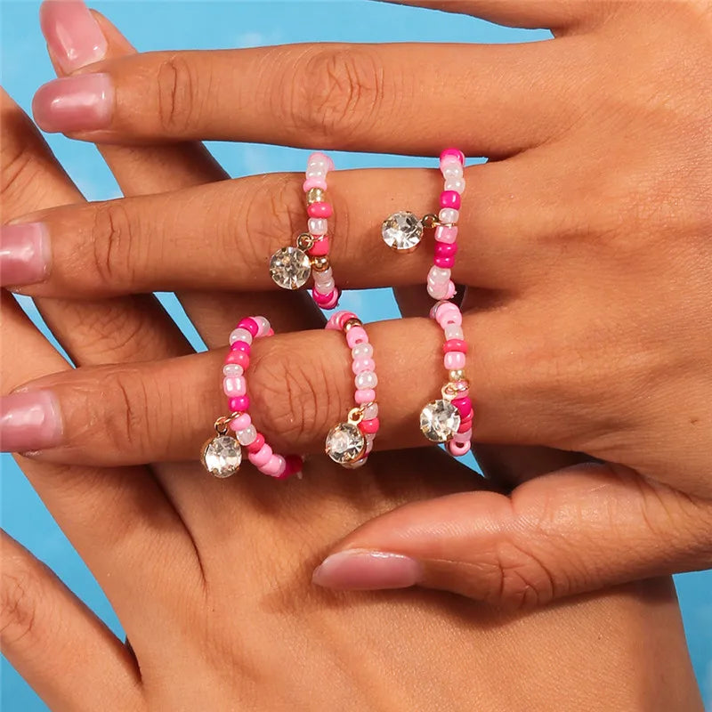 New Korean Colorful Bohemia Small Flower Rings Sets Handmade Beaded Finger Rings For Women Girls Summer Beach Jewelry Gifts