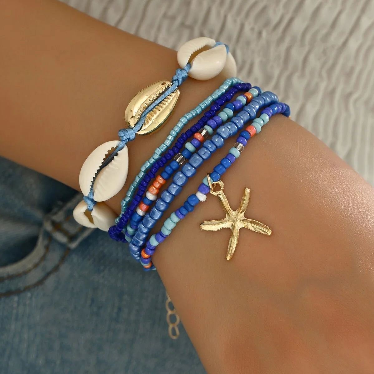 Summer Women's Bohemian Seven-Piece Set Bracelets - Shell Beaded Weaving Design with Starfish Pendant Fashionable Beach Jewelry