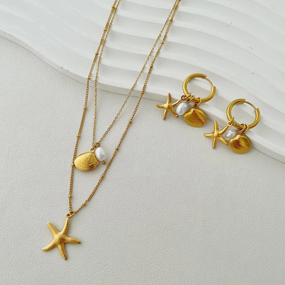 ALTERA New Bohemia Handmade Stainless Steel Necklace Earrings Bracelet Shell Starfish Charm Waterproof Jewelry Set Summer Beach