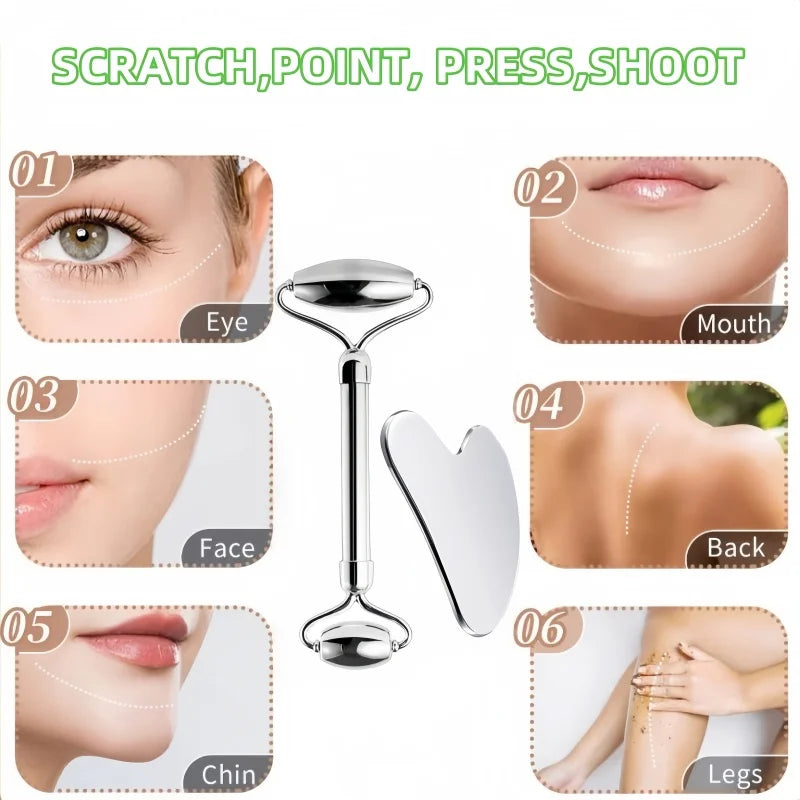 304 Stainless Steel Gua Sha Scraper & Face Roller Set-Skin Care Massage Tools for Lymphatic Drainage, Wrinkle Relief, Relaxation