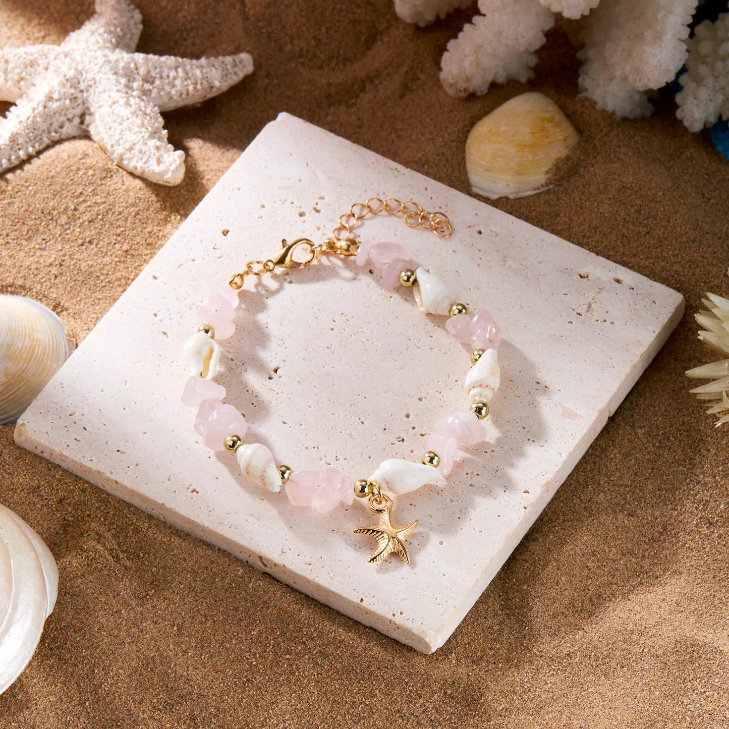 Bohemian Starfish Pendant Bracelet for Women Handmade Crushed Stone Beaded Bracelet Summer Beach Jewelry Travel Accessory Gift