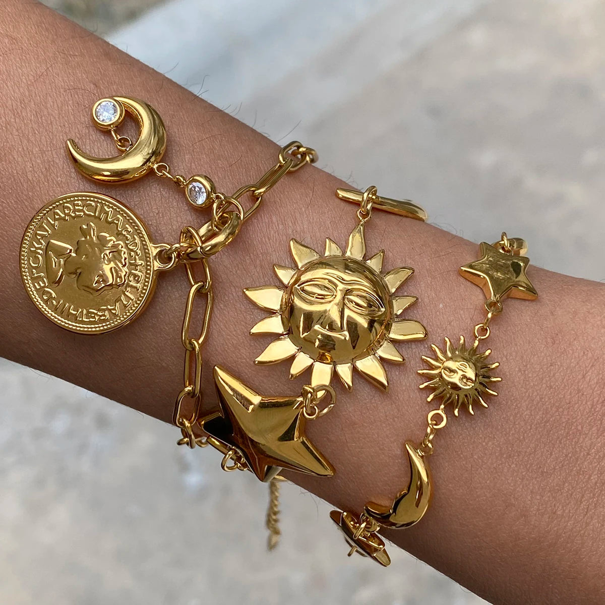 Youthway Sunshine Beach Ocean Bracelet Gold Plated Stainless Sun Star Moon Steel Pendant Bracelet Set Women's Jewelry Summer