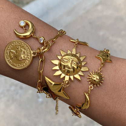 Youthway Sunshine Beach Ocean Bracelet Gold Plated Stainless Sun Star Moon Steel Pendant Bracelet Set Women's Jewelry Summer