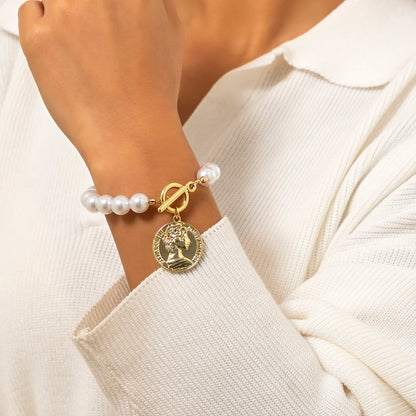 Vintage Imitation Pearl Heart OT Buckle Pendant Bracelet for Women Wed Bridal Bead Chain Bangles Couple Hand Jewelry New