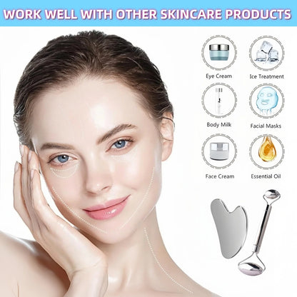 304 Stainless Steel Gua Sha Scraper & Face Roller Set-Skin Care Massage Tools for Lymphatic Drainage, Wrinkle Relief, Relaxation