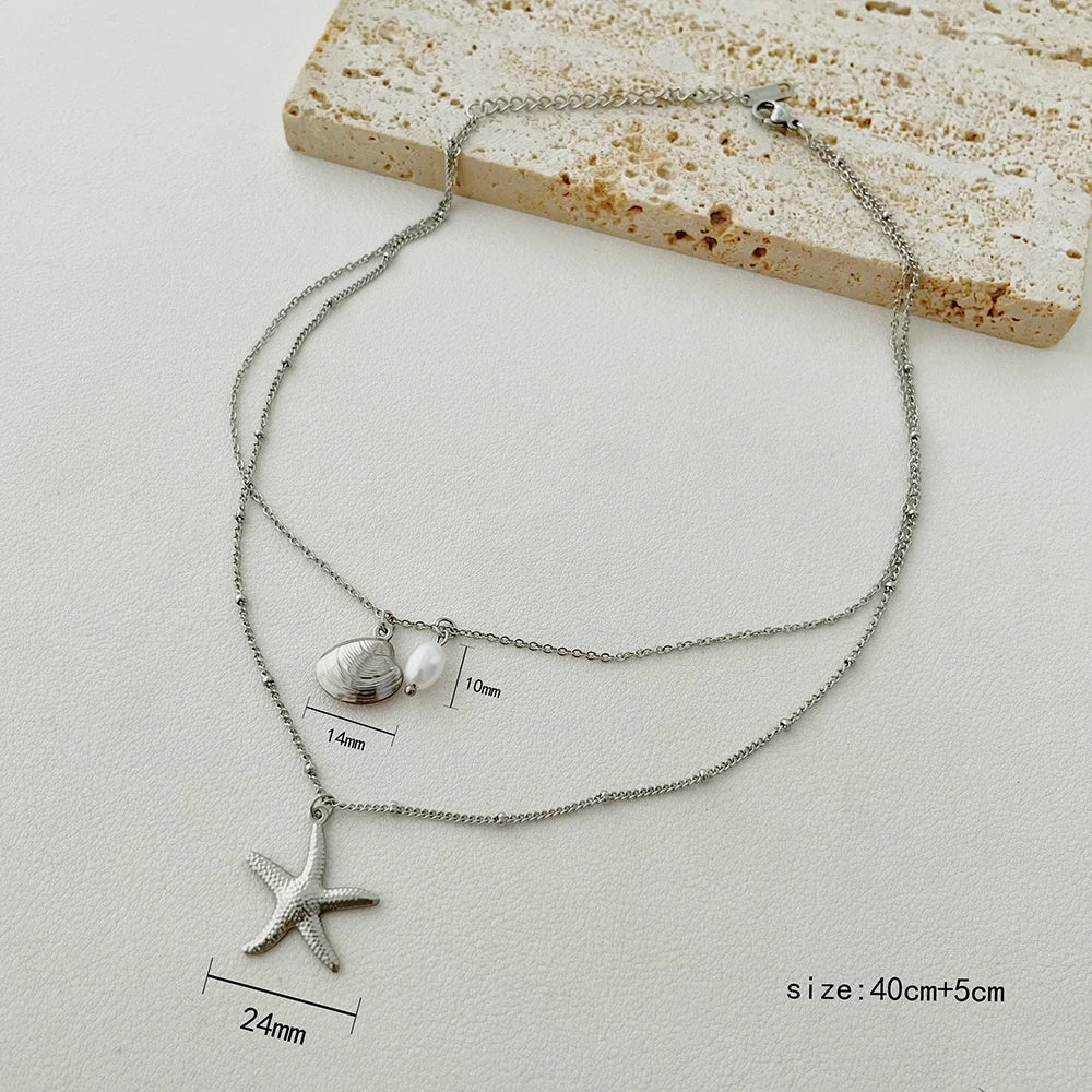 ALTERA New Bohemia Handmade Stainless Steel Necklace Earrings Bracelet Shell Starfish Charm Waterproof Jewelry Set Summer Beach