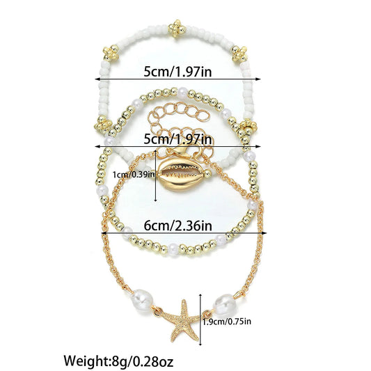 3Pcs Summer Shell Bracelet Set For Women Bohemia Starfish Charm Pearl Seed Beads Chain Bangle Female Beach Vacation Jewelry Gift