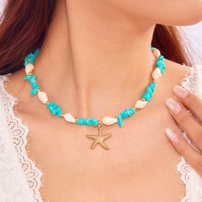 Bohemian Starfish Pendant Bracelet for Women Handmade Crushed Stone Beaded Bracelet Summer Beach Jewelry Travel Accessory Gift