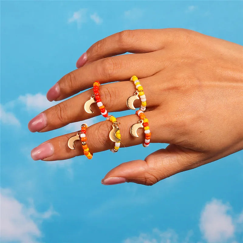 New Korean Colorful Bohemia Small Flower Rings Sets Handmade Beaded Finger Rings For Women Girls Summer Beach Jewelry Gifts