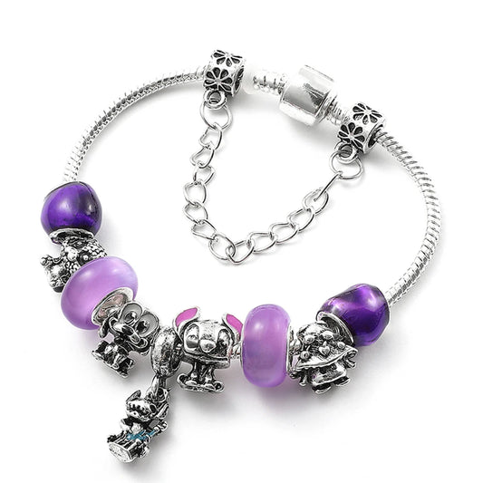 Stitch Disney Bracelet for Girls for Party Lilo and Stitch Charm Bracelet Jewelry Pendant Blue Bead Silver Color Pulsera