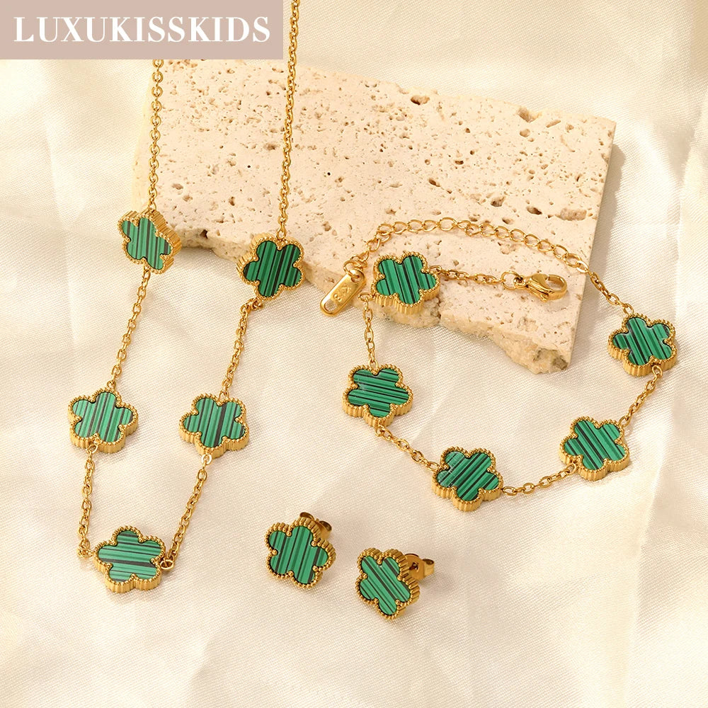 LUXUKISSKIDS Minimalist 3PCS Golden Five-Leaf Flower Necklace Earrings Bracelet Jewelry Sets Shell Clover Dailywear Party Gifts