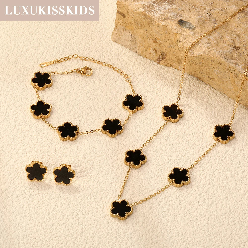 LUXUKISSKIDS Minimalist 3PCS Golden Five-Leaf Flower Necklace Earrings Bracelet Jewelry Sets Shell Clover Dailywear Party Gifts