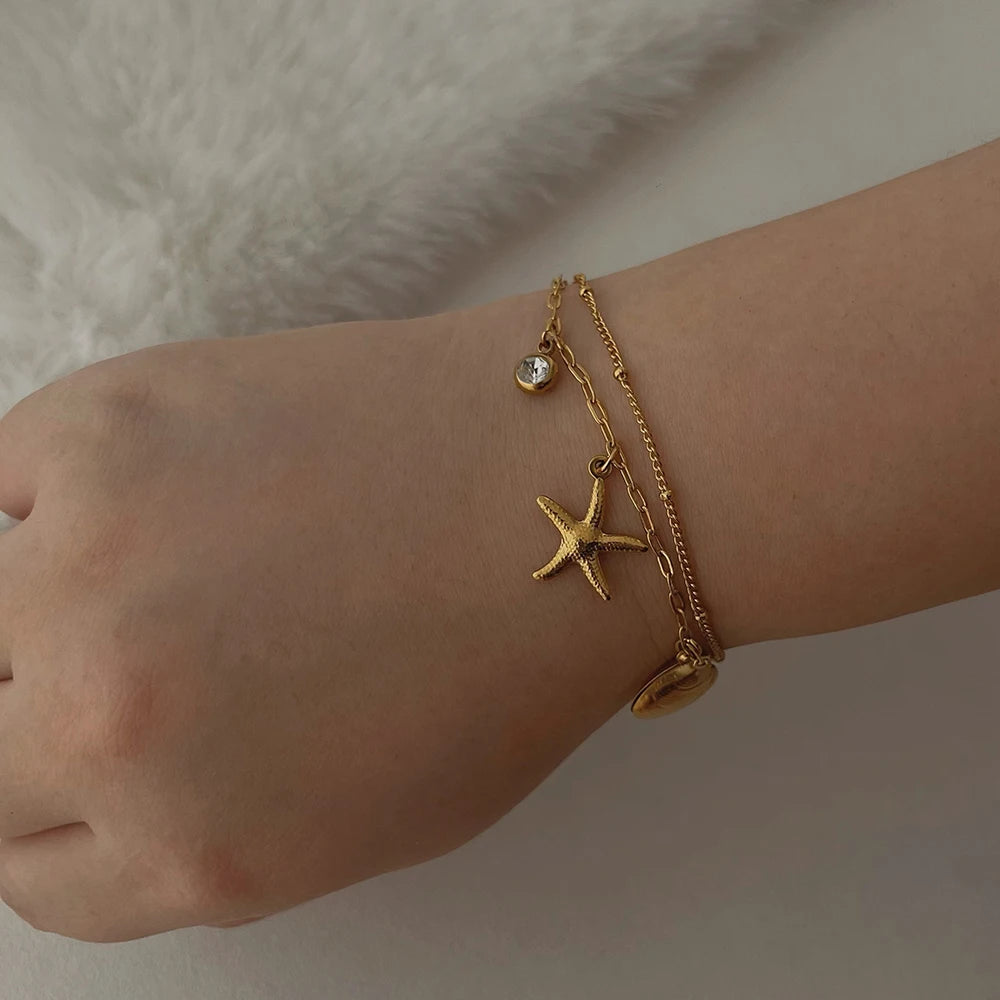 ALTERA New Bohemia Handmade Stainless Steel Necklace Earrings Bracelet Shell Starfish Charm Waterproof Jewelry Set Summer Beach
