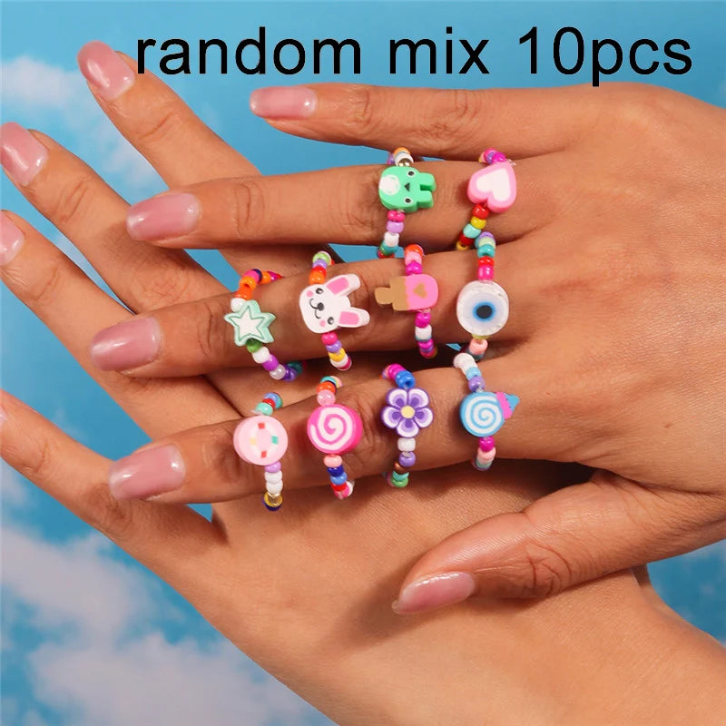 New Korean Colorful Bohemia Small Flower Rings Sets Handmade Beaded Finger Rings For Women Girls Summer Beach Jewelry Gifts