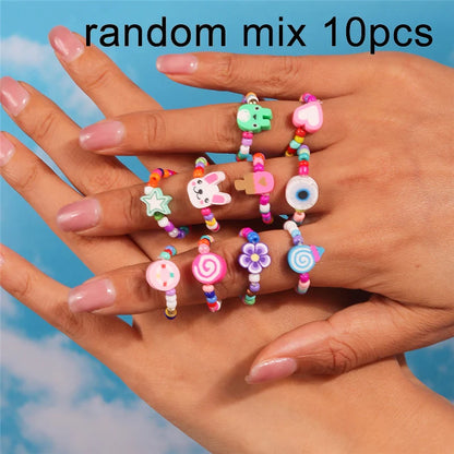 New Korean Colorful Bohemia Small Flower Rings Sets Handmade Beaded Finger Rings For Women Girls Summer Beach Jewelry Gifts
