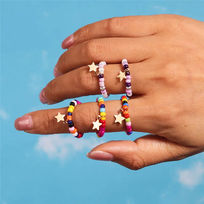 New Korean Colorful Bohemia Small Flower Rings Sets Handmade Beaded Finger Rings For Women Girls Summer Beach Jewelry Gifts