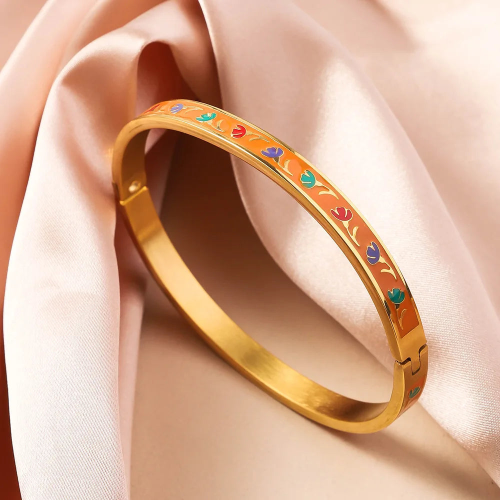 New Fashion Enamel Bracelet Drip Oil Bracelets Women Stainless Steel Jewelry Set Accessory