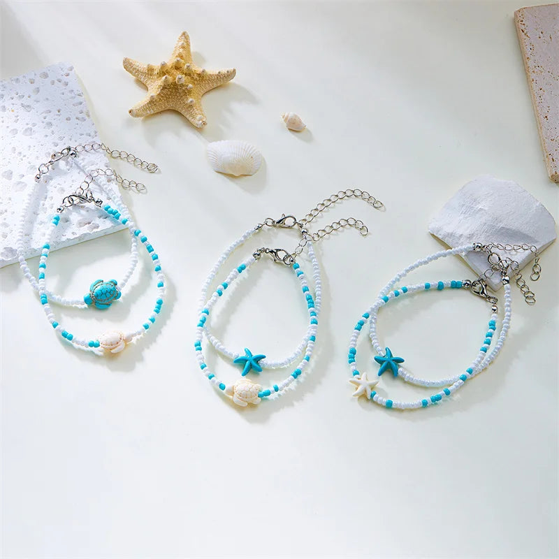 Bohemian Sea Turtle Starfish Pendant Anklets for Women Fashion Summer Beach Multilayer Rice Beads Ankle Bracelet On Foot Jewelry