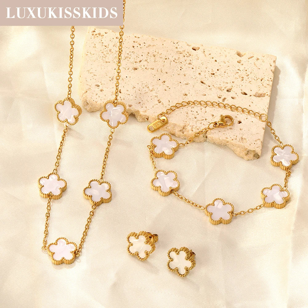 LUXUKISSKIDS Minimalist 3PCS Golden Five-Leaf Flower Necklace Earrings Bracelet Jewelry Sets Shell Clover Dailywear Party Gifts