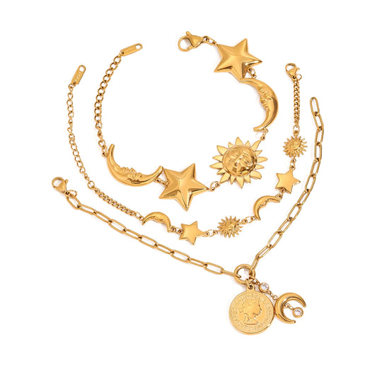 Youthway Sunshine Beach Ocean Bracelet Gold Plated Stainless Sun Star Moon Steel Pendant Bracelet Set Women's Jewelry Summer