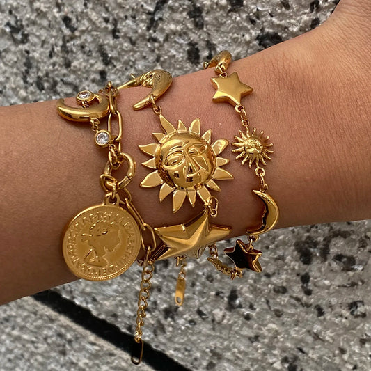 Youthway Sunshine Beach Ocean Bracelet Gold Plated Stainless Sun Star Moon Steel Pendant Bracelet Set Women's Jewelry Summer