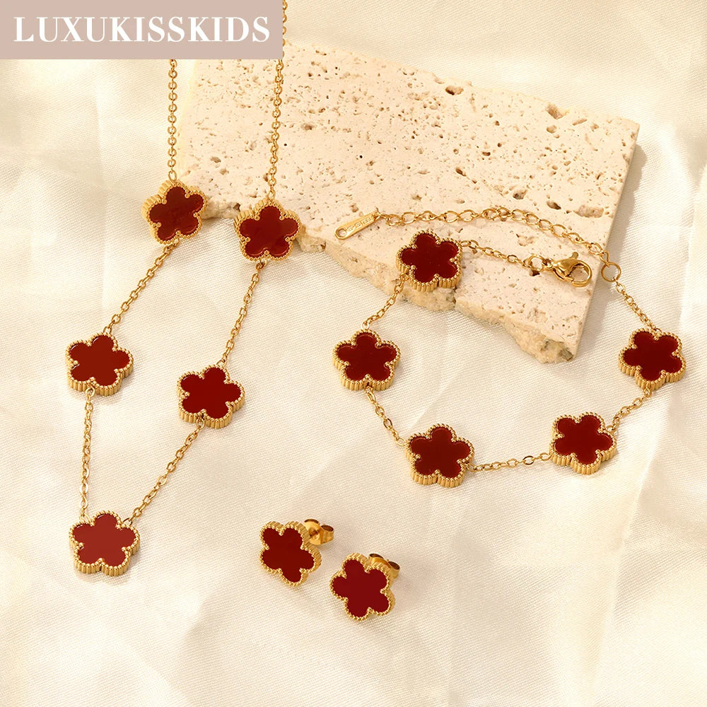 LUXUKISSKIDS Minimalist 3PCS Golden Five-Leaf Flower Necklace Earrings Bracelet Jewelry Sets Shell Clover Dailywear Party Gifts
