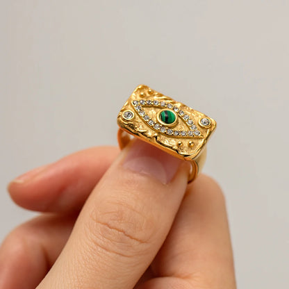 Uworld Waterproof 18K Gold Plated Stainless Steel Rings Jewelry Set Cubic Zirconia Malachite Eye Pendant Necklace boucle oreille