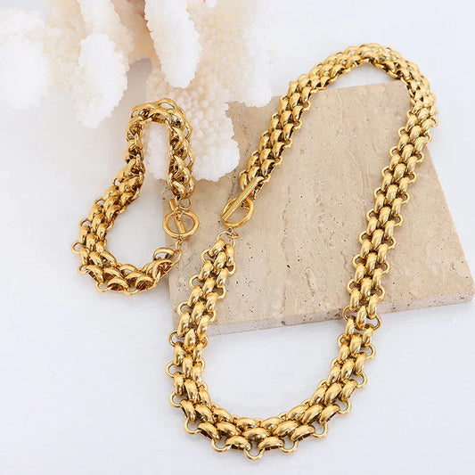 Nivora Stainless Steel Mesh Chain Jewelry Set For Women TO Clasp Thick Chunky Braided Chain 18K Gold Plated Necklaces Bracelets