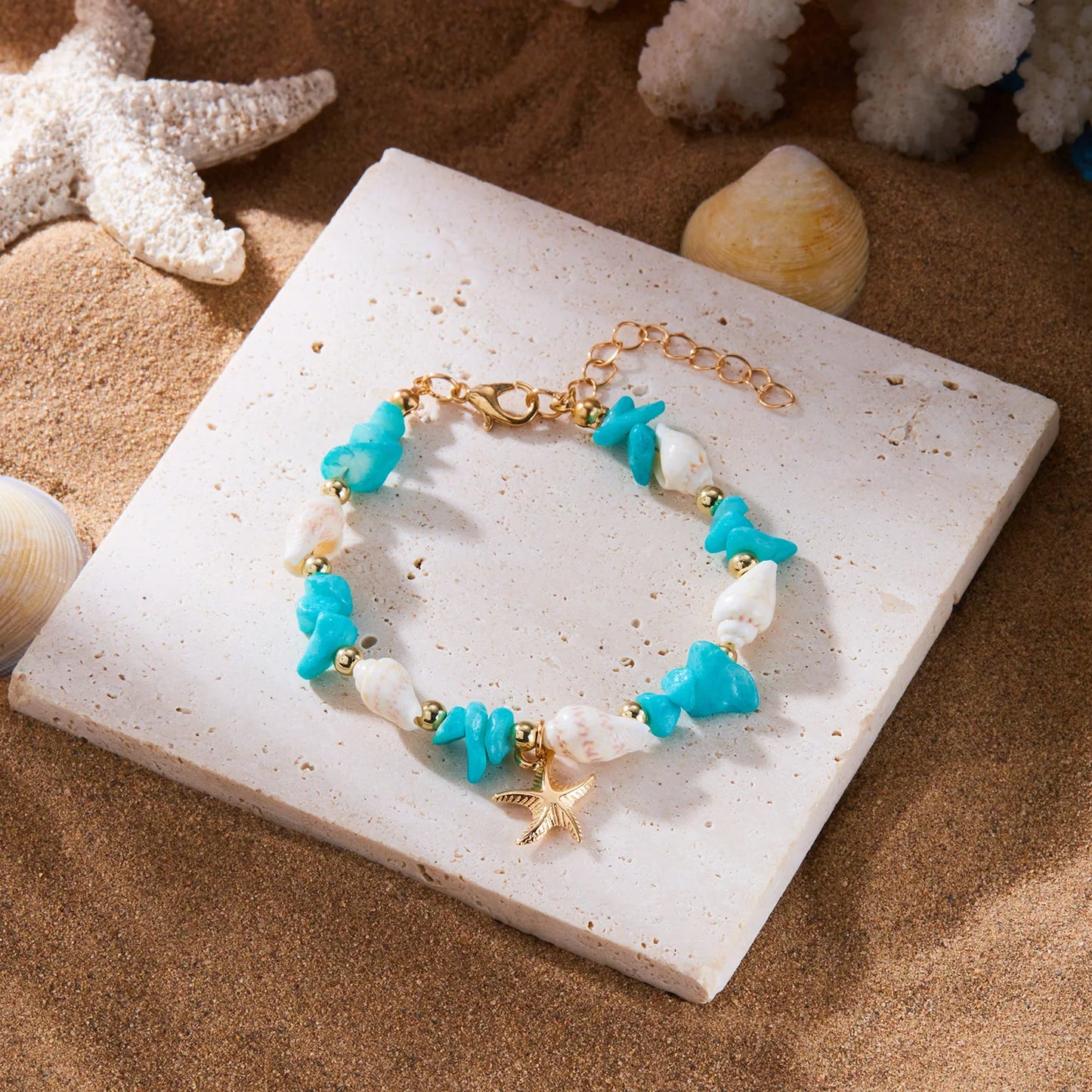 Bohemian Starfish Pendant Bracelet for Women Handmade Crushed Stone Beaded Bracelet Summer Beach Jewelry Travel Accessory Gift