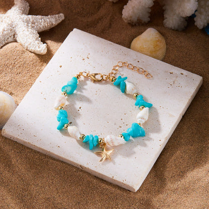 Bohemian Starfish Pendant Bracelet for Women Handmade Crushed Stone Beaded Bracelet Summer Beach Jewelry Travel Accessory Gift