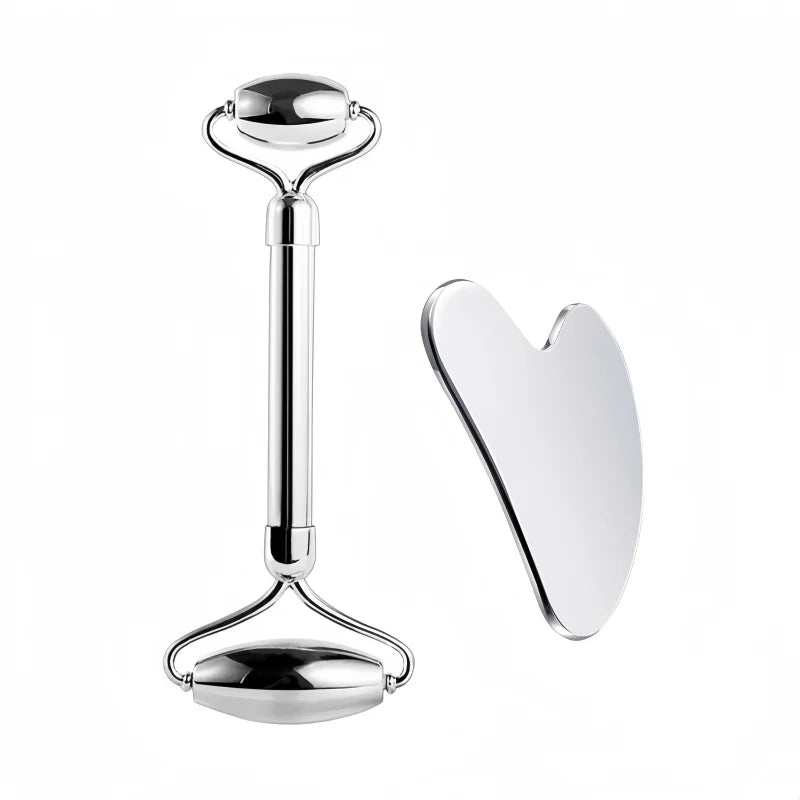 304 Stainless Steel Gua Sha Scraper & Face Roller Set-Skin Care Massage Tools for Lymphatic Drainage, Wrinkle Relief, Relaxation