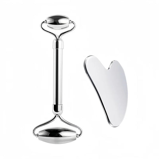 304 Stainless Steel Gua Sha Scraper & Face Roller Set-Skin Care Massage Tools for Lymphatic Drainage, Wrinkle Relief, Relaxation