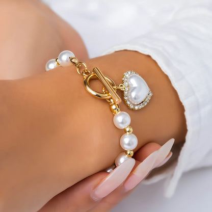 Vintage Imitation Pearl Heart OT Buckle Pendant Bracelet for Women Wed Bridal Bead Chain Bangles Couple Hand Jewelry New