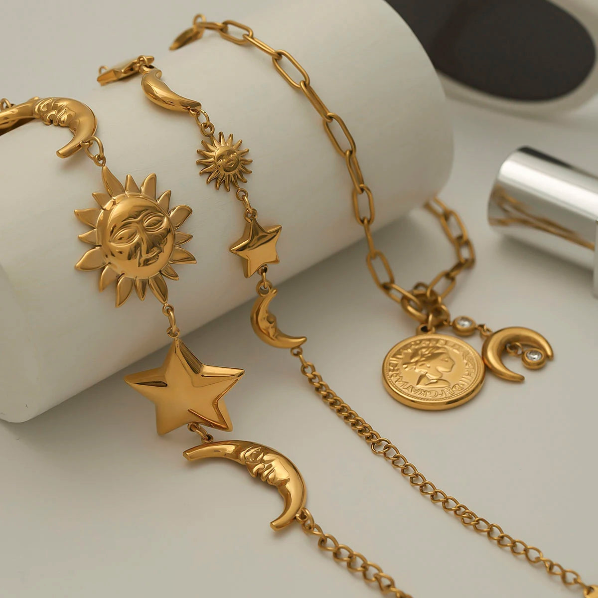 Youthway Sunshine Beach Ocean Bracelet Gold Plated Stainless Sun Star Moon Steel Pendant Bracelet Set Women's Jewelry Summer