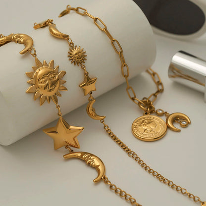 Youthway Sunshine Beach Ocean Bracelet Gold Plated Stainless Sun Star Moon Steel Pendant Bracelet Set Women's Jewelry Summer