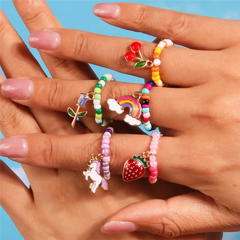 New Korean Colorful Bohemia Small Flower Rings Sets Handmade Beaded Finger Rings For Women Girls Summer Beach Jewelry Gifts