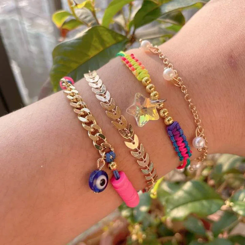 5pcs/lot Bohemian Mixed Golden Shell Starfish Bracelet Women Summer Beach Casual Jewelry Accessories Friendship Gift